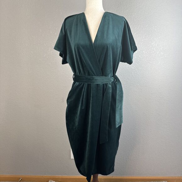 Closet London Kimono Sleeve Velvet Midi Dress Size 10 Wrap Tie Emerald Green - Picture 1 of 11